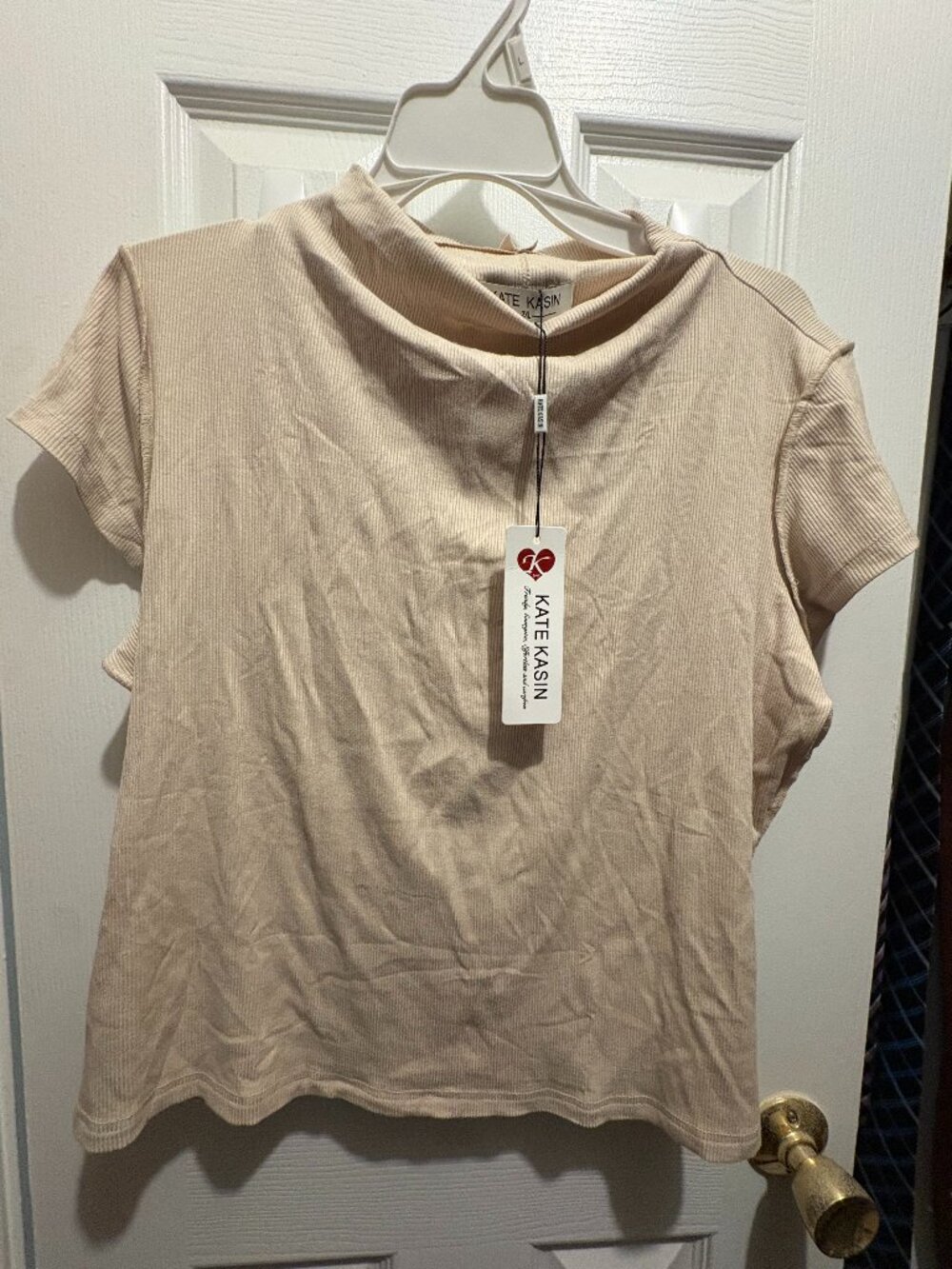 Kate Kasin NWT Tan Ribbed Asymmetrical Neck Crop Top Short Sleeve Women's XXL